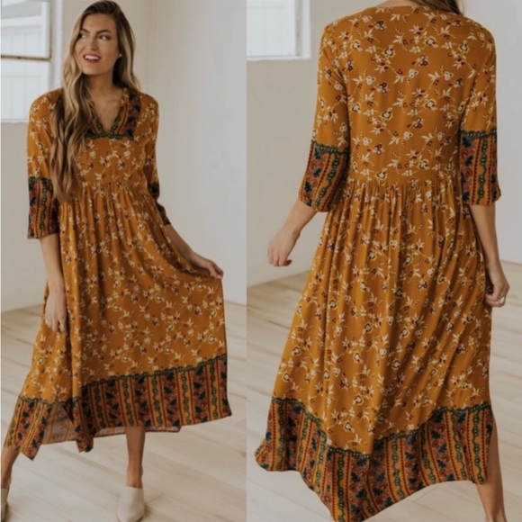 Roolee Dresses Roolee Mustard Yellow Boho Floral Printed Maxi